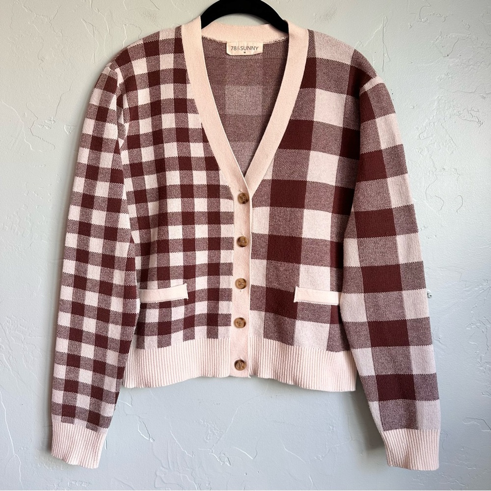 78 & Sunny Alumni Double Plaid Cardigan Medium Cream Cocoa EUC Cottage Preppy